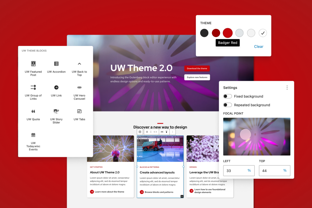 Screenshot of UW Theme blocks with the Cover block image focal point picker and the theme’s background color palette.