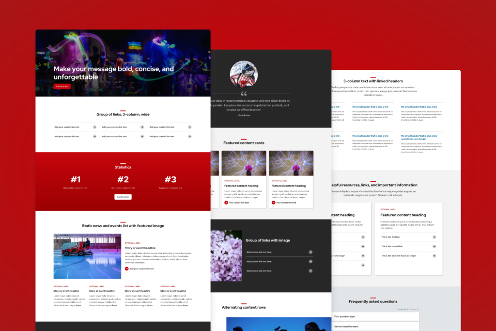 Three different UW Theme 2.0 pages that demonstrate pre-made layouts with larger images, type, white space, and more contrast.