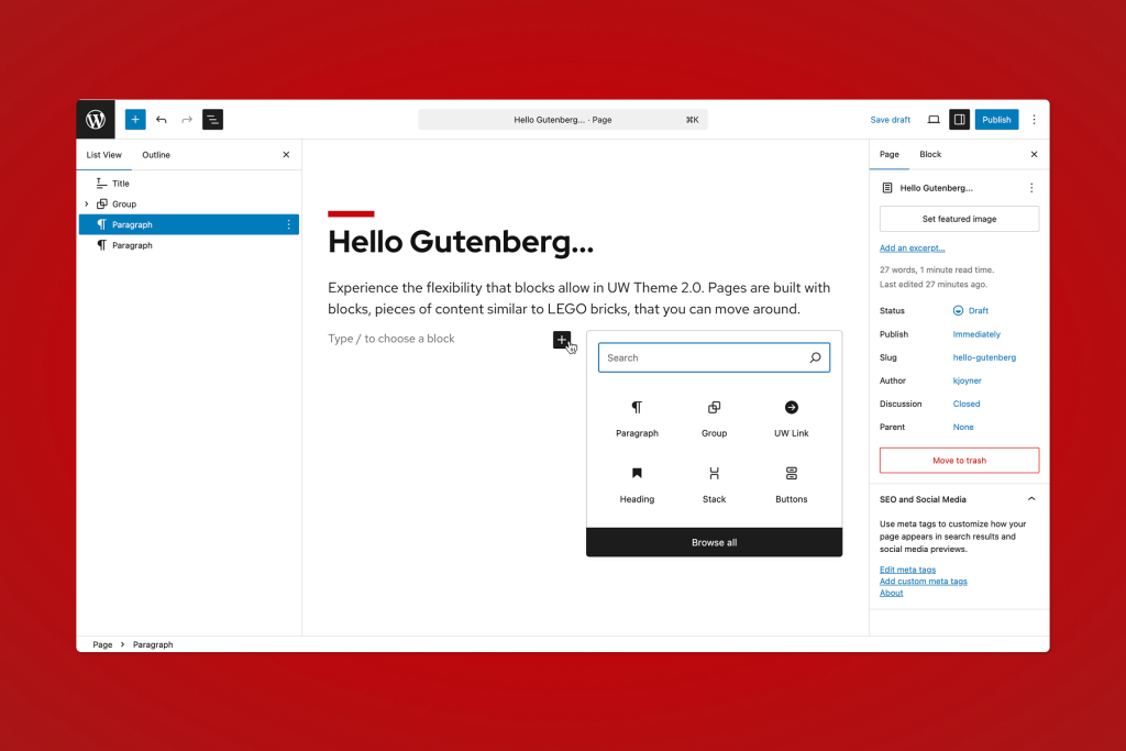 Screenshot of using the Add block button (plus sign icon) to quickly select or search for a block to add in the editor.