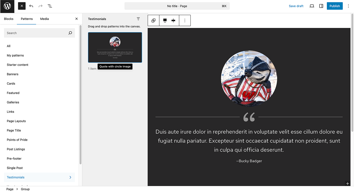 WordPress editor view of the pattern inserter, where a Quote block pattern has been selected.