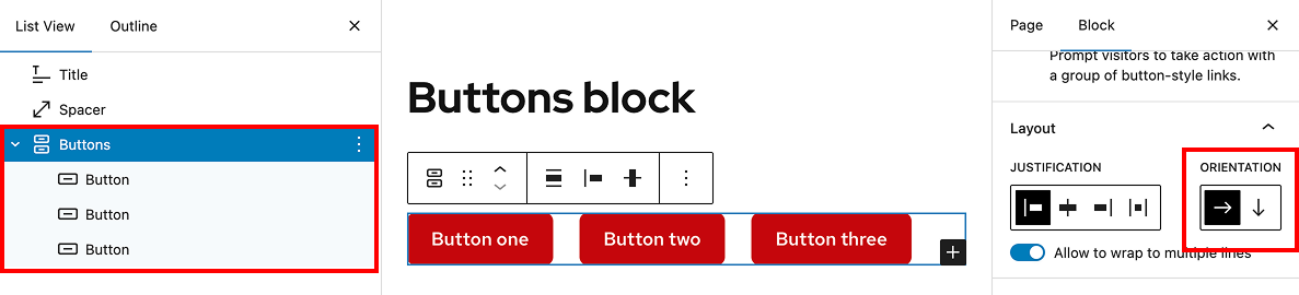 The Orientation settings are under the Layout heading in the block settings tab.