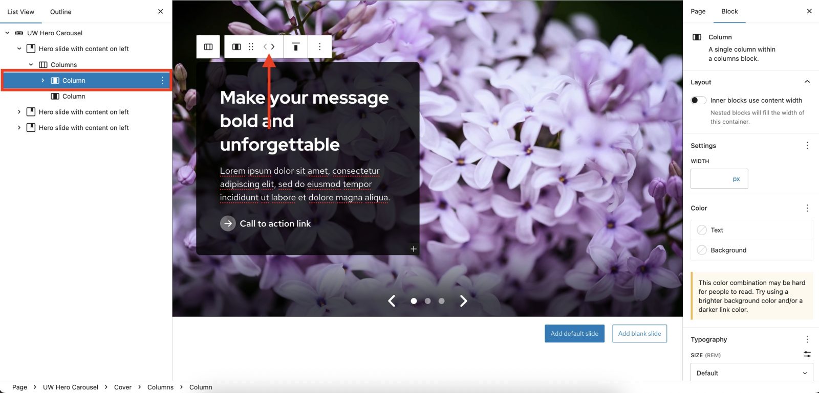 Editor screen showing column block selected, and an arrow pointing to the controls to move it.