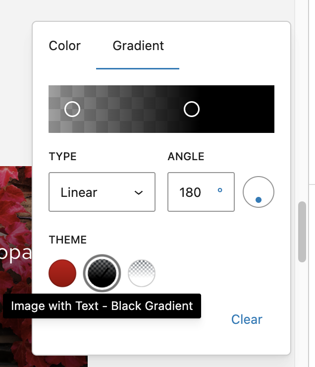 Editor view of premade gradient overlay options in the Overlay settings for the Cover block.