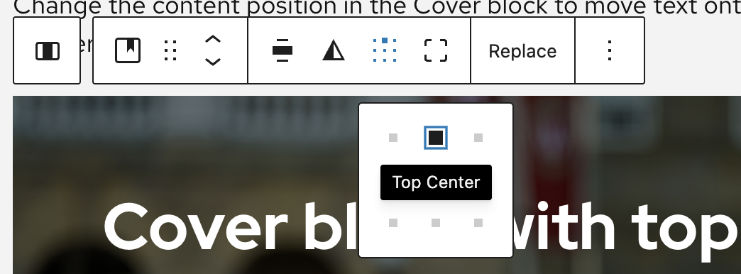 Editor view of the Cover block with the Change content position setting, displayed as a 3x3 grid of squares representing placement options.