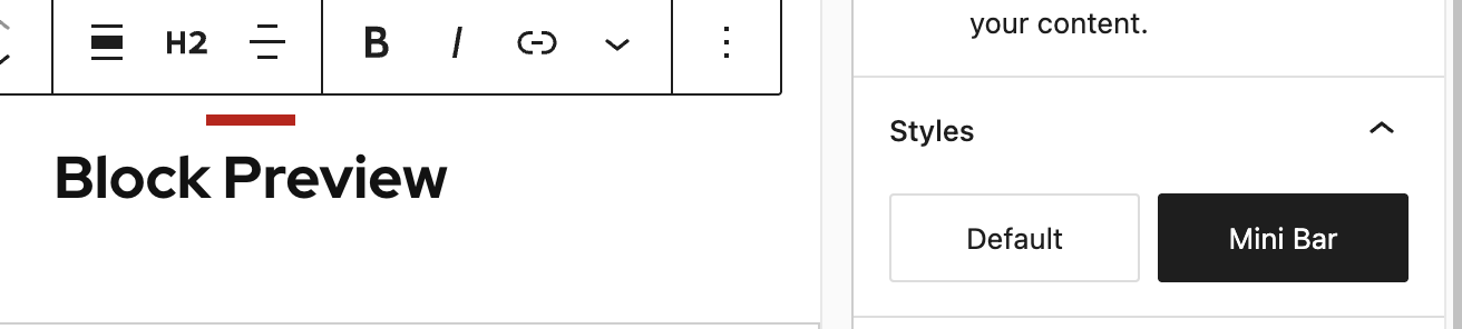 Editor view of block settings showing Default and Mini Bar buttons for the Title and Heading block.