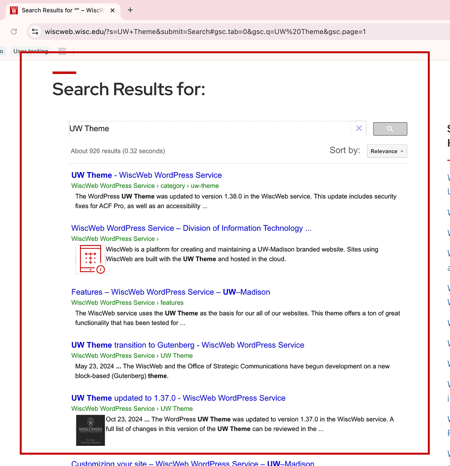 List of search results from Google for the UW Theme
