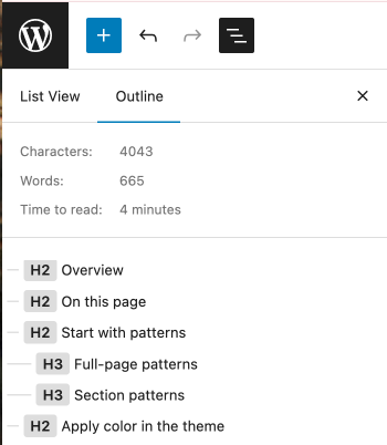 Editor view of the Outline tab listing the four H2s on the page with two correctly nested H3s.
