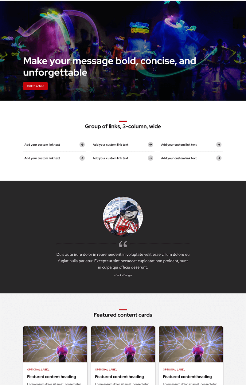 Homepage with hero image, links, quote, and card patterns.