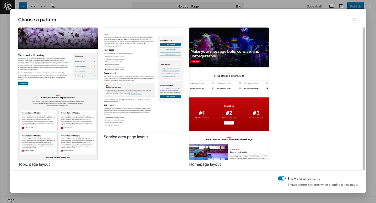 WordPress editor view with the "Choose a pattern" modal open, used to select a full-page starter pattern when creating a new page.