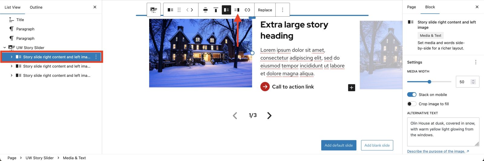 Editor screen showing a Media and Text block selected, and an arrow pointing to a "move text right" button.