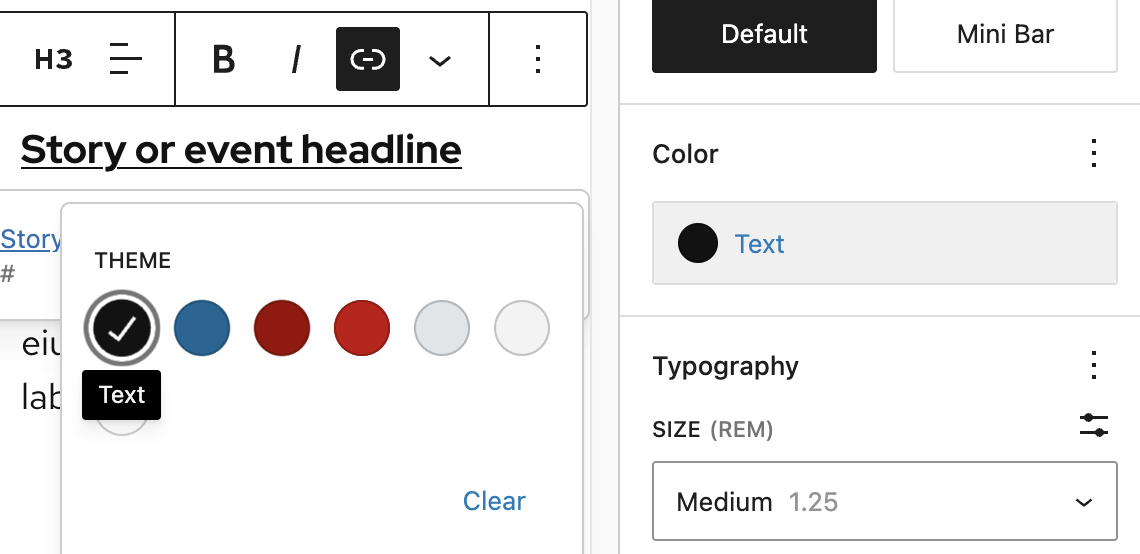 Editor view showing text color options for text blocks.