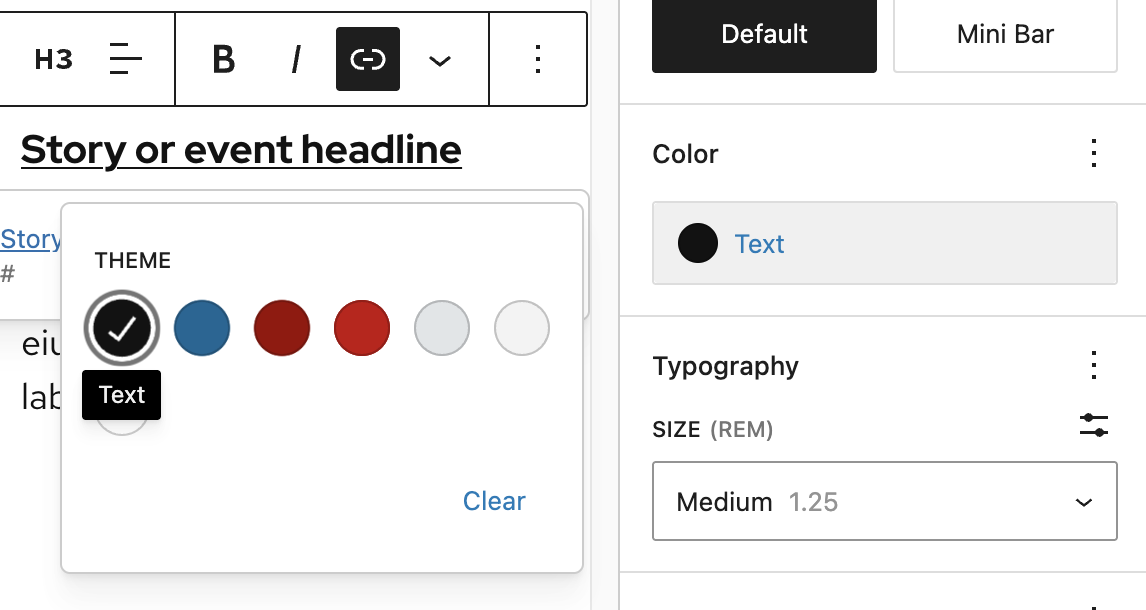 Editor view showing color options for text blocks.