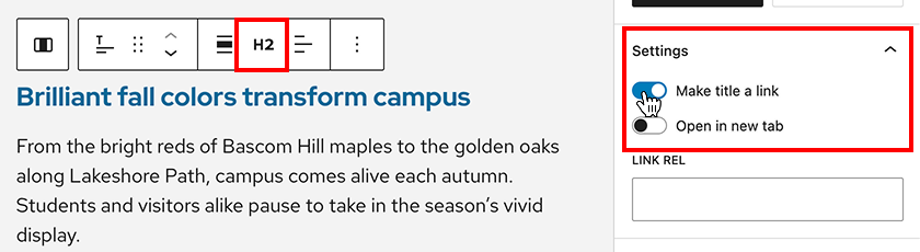 The "Make title a link" toggle is located under the Settings section for the Title block. 