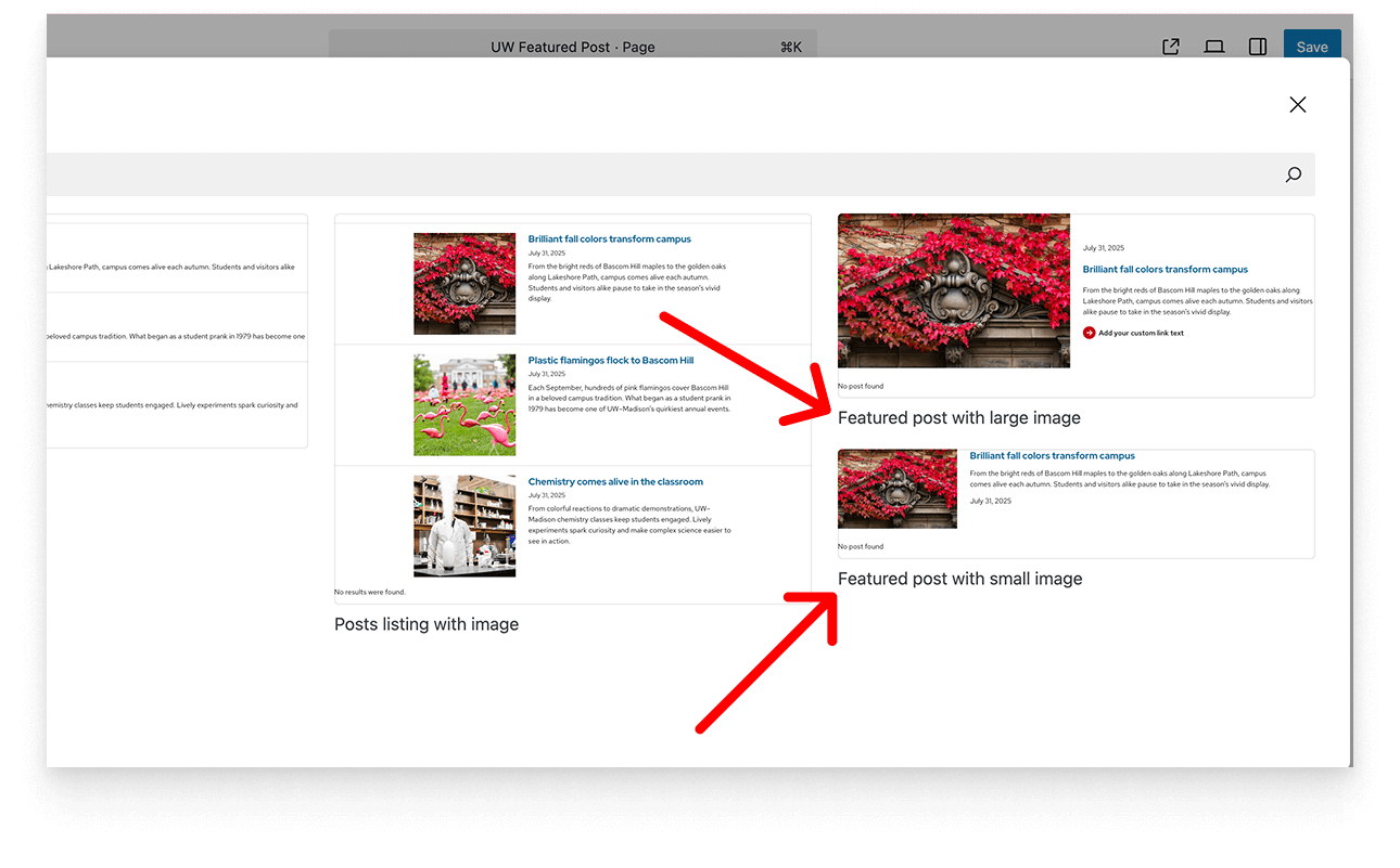 When select "Choose" a pattern, a modal with a grid of available post patterns appears, including post patterns with the Featured Post block.