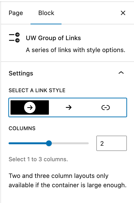 Select a link style in the block settings: circle arrow, arrow, and no arrow style.