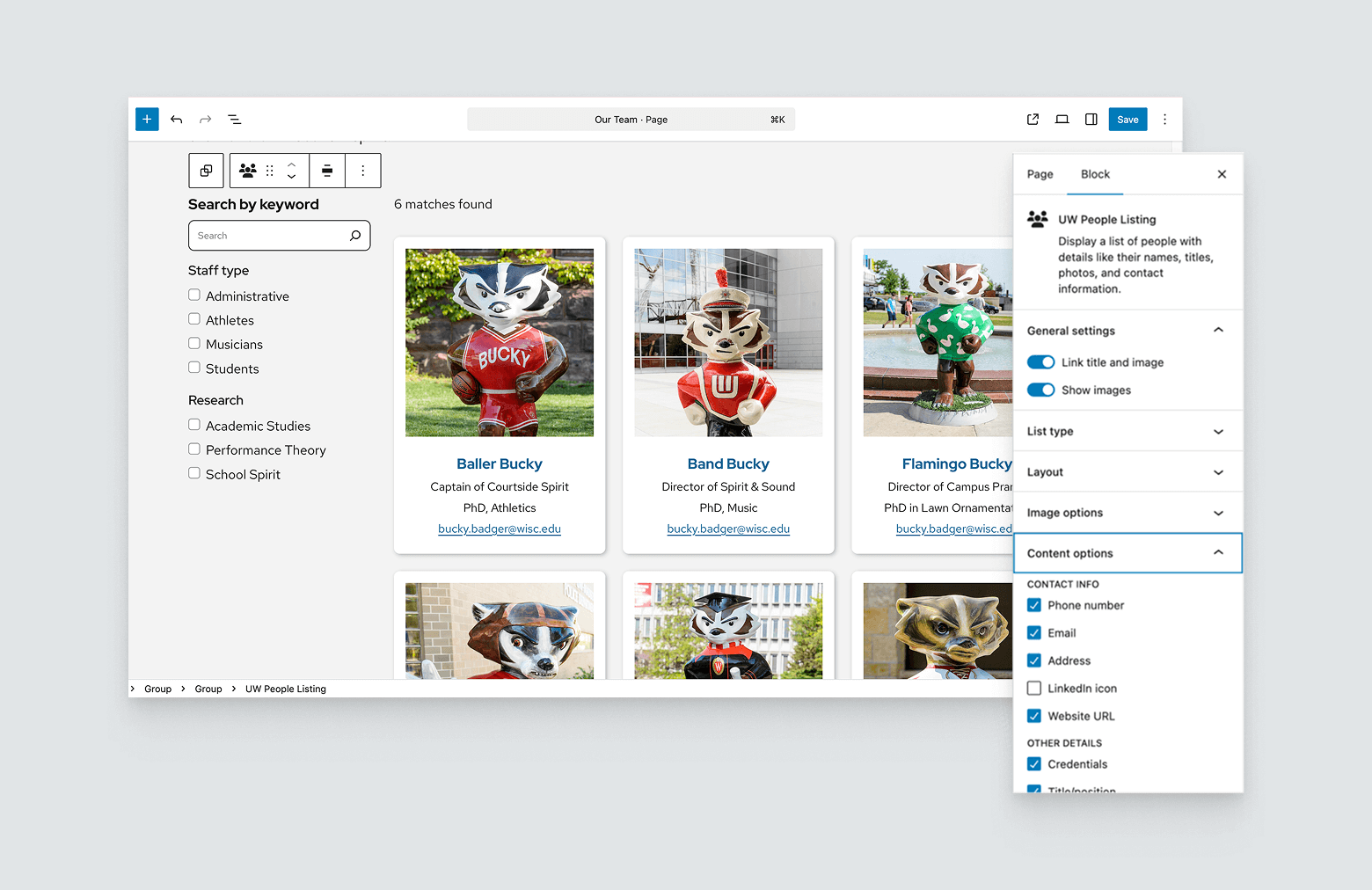 Grid of 6 people showing the search and filters to the left and above the photo are the block settings like show/hide images, link title and image to a people page, as well as content options.