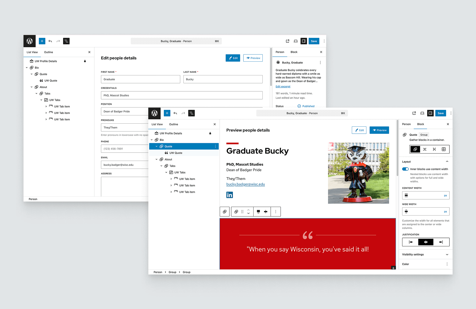 Two layered photos, one shows the list of input fields for people data and the other is a preview of a people page layout.