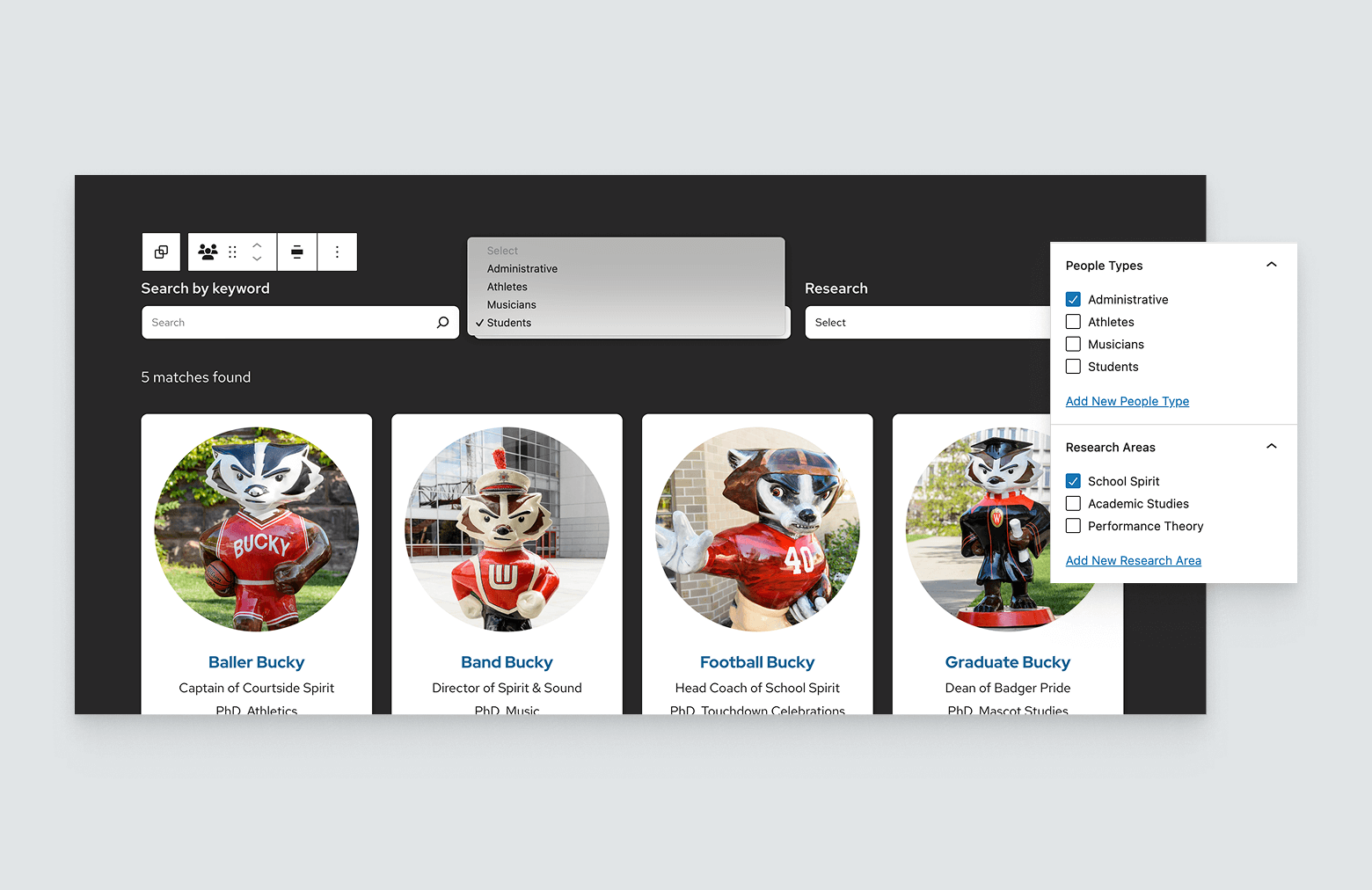 Grid of 4 people with an advanced search above where users can filter by custom tags. Above the image shows the checkboxes in the block editor for assigning tags to a person.