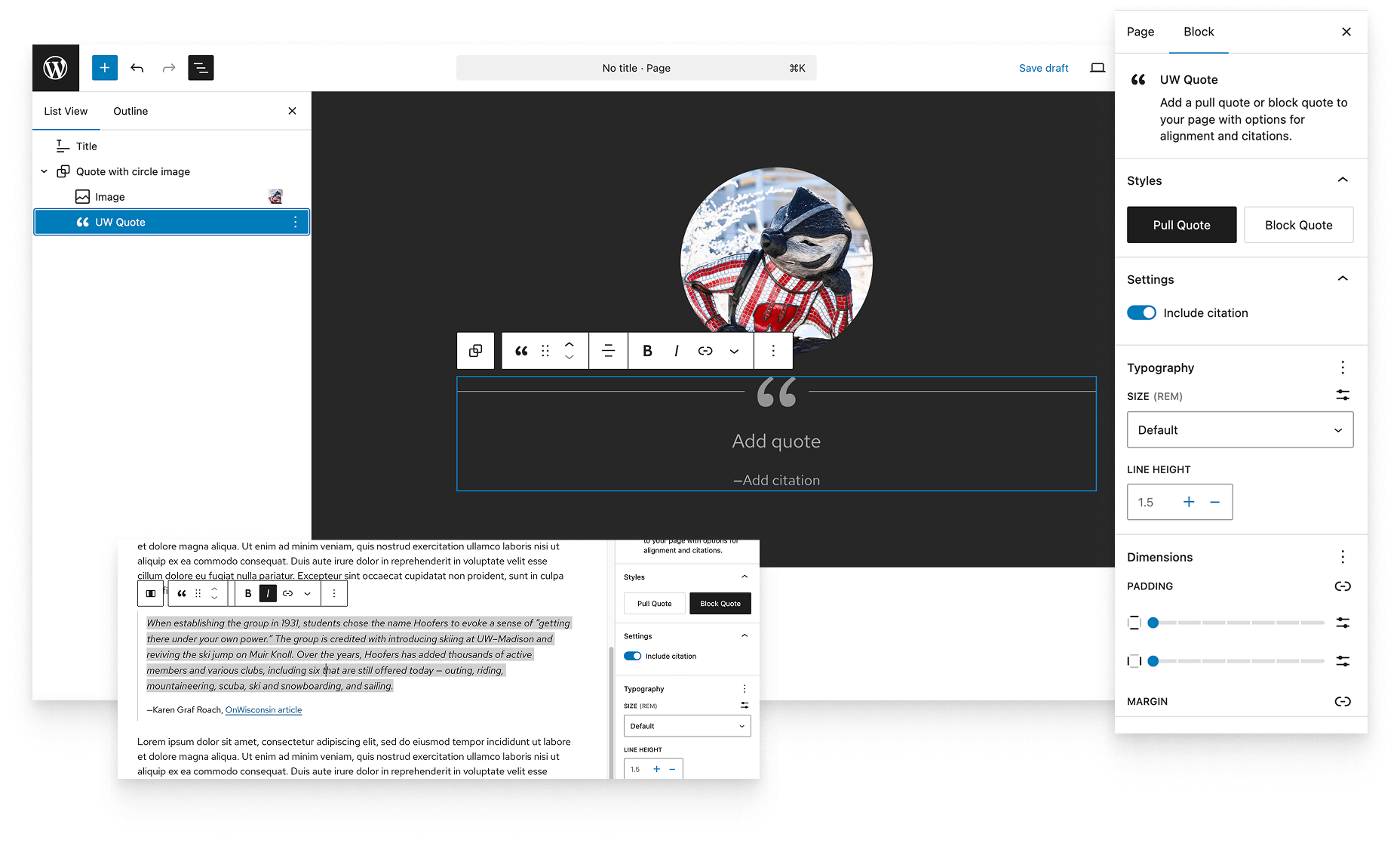 Collage of block quote customization options and settings in the block editor.