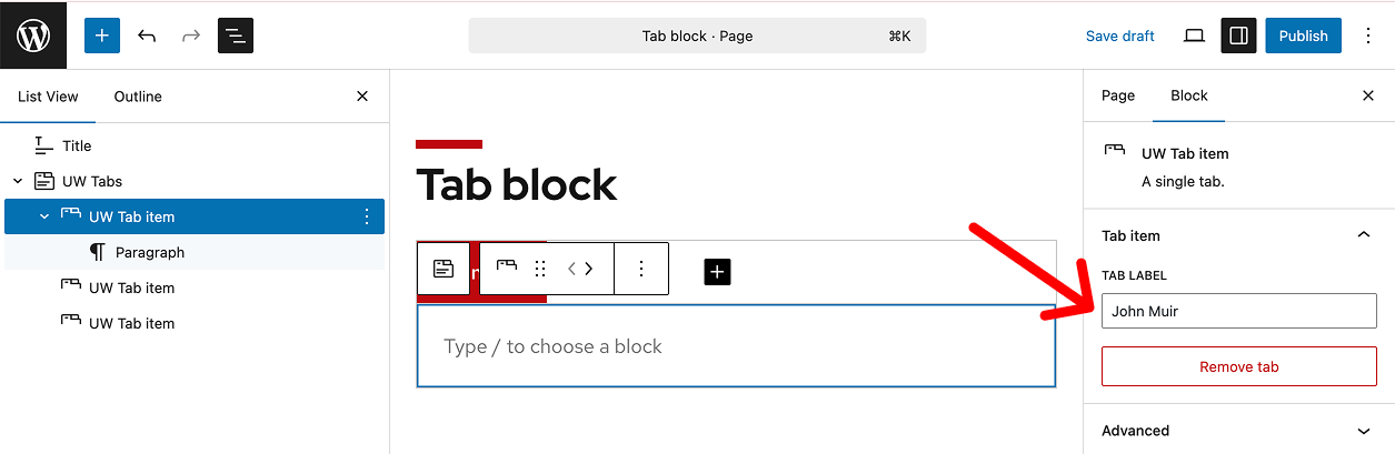 Editor image with an arrow pointing to the Tab Label input in the block settings for adding a tab label.