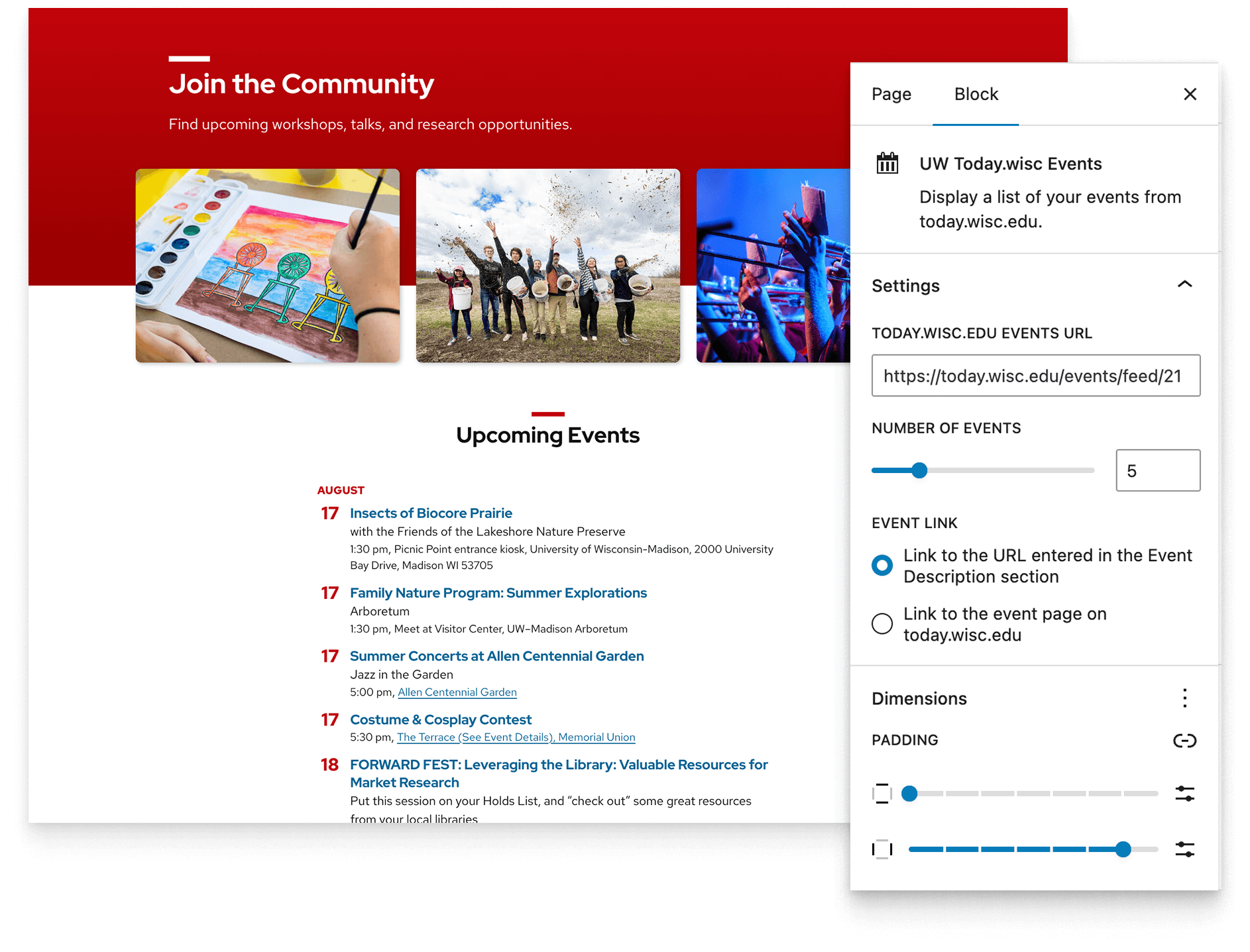 Overlay of Today.wisc.edu Events block settings on a mockup post page with an event listing displayed using the block.
