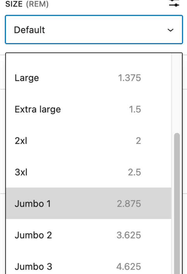 Font size dropdown in the editor showing three Jumbo size options listed at the bottom.