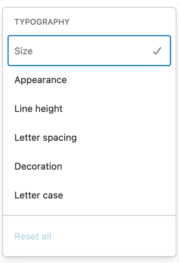 Editor view of text block settings with Typography options such as size, appearance, and line height.
