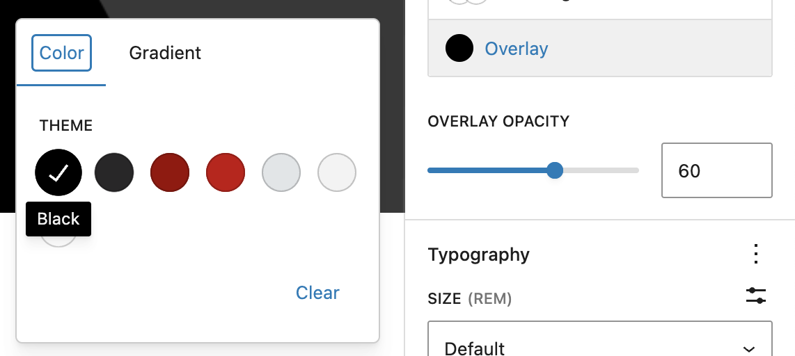 Editor view showing a chosen gradient overlay color with the opacity slider adjusted to 60%.