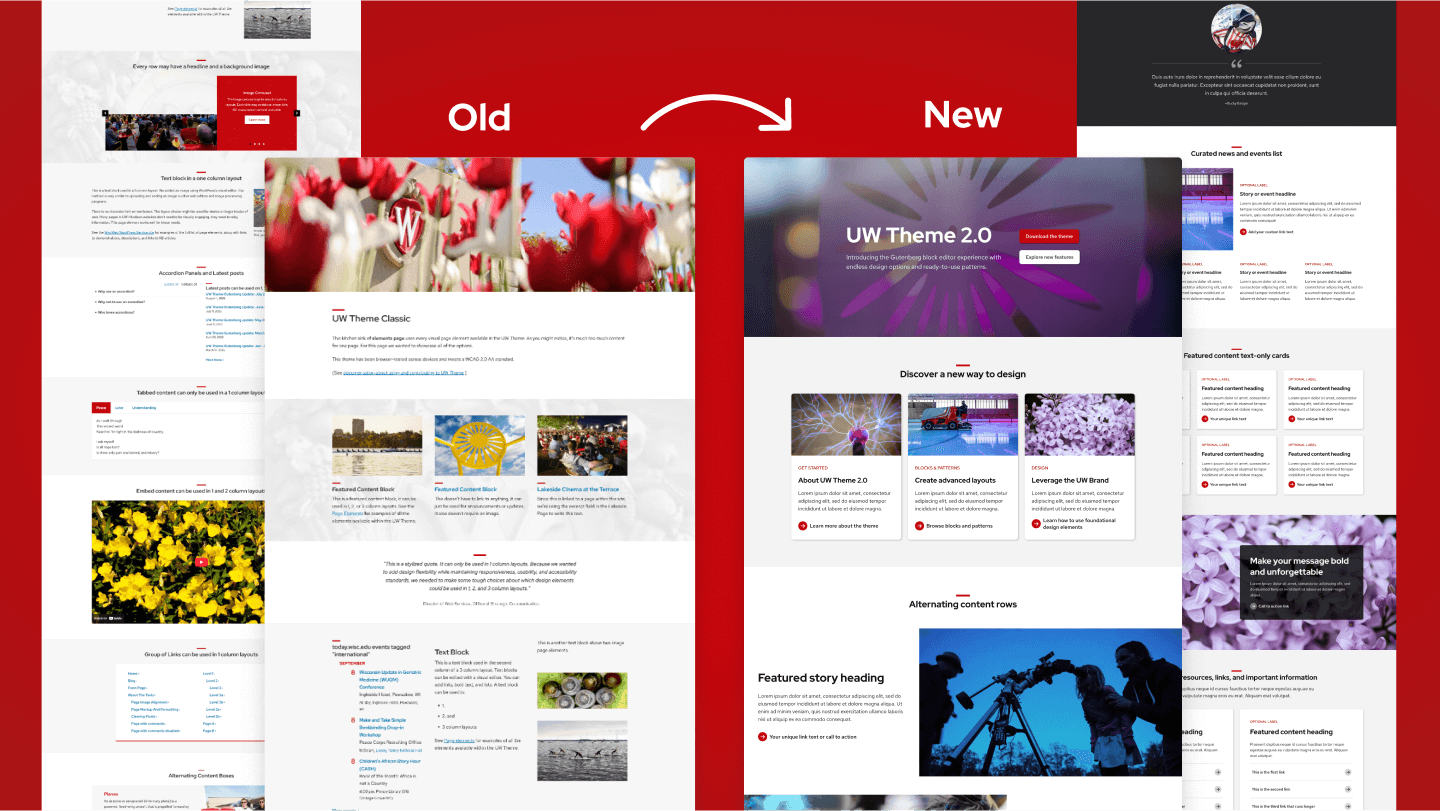 Before and after of UW Theme Classic and UW Theme 2.0 that demonstrate how the new theme provides a more modern visual design.