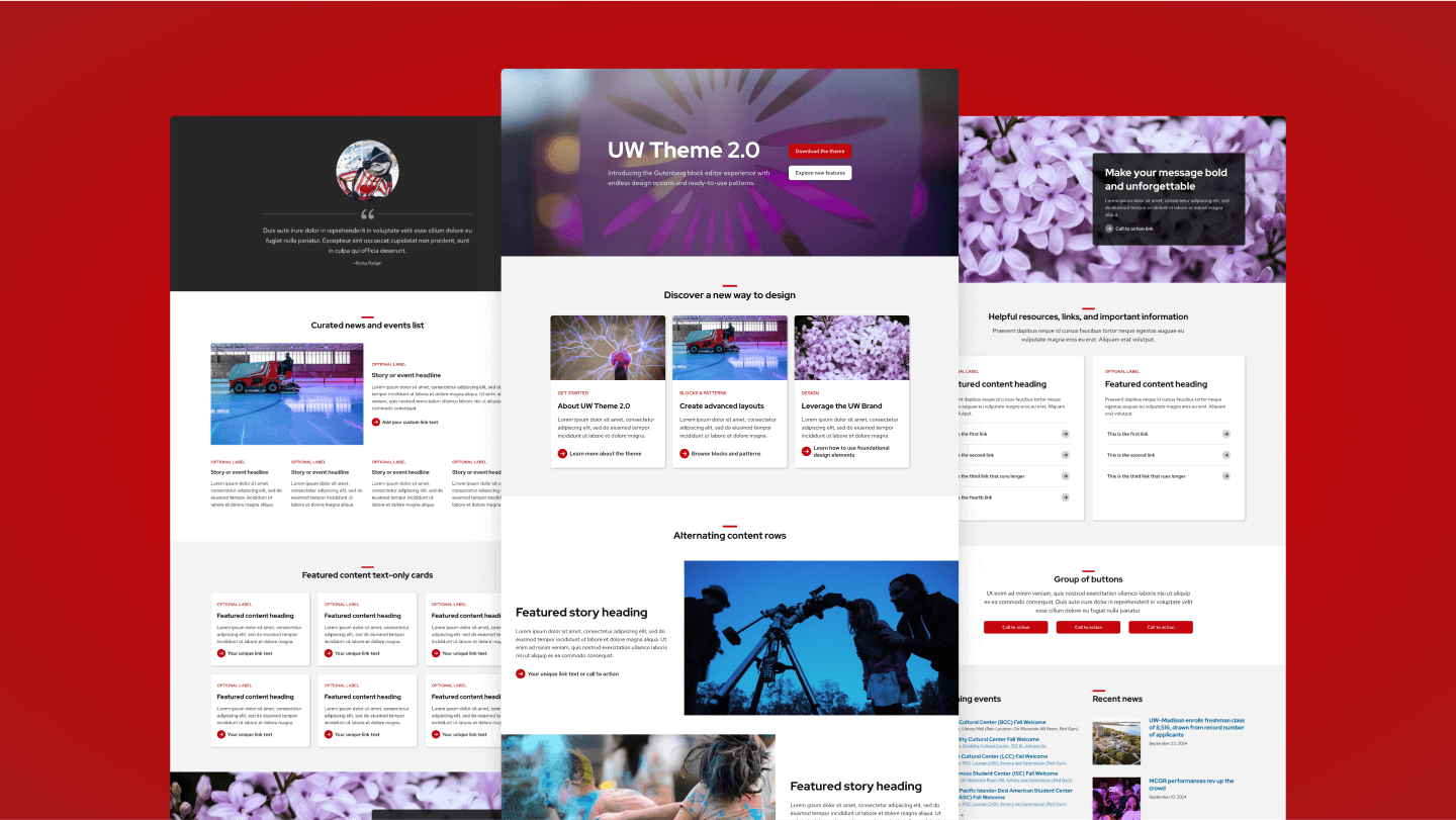 Three different UW Theme 2.0 pages that demonstrate larger images, type, white space, and more contrast.