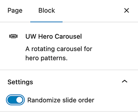 UW Hero Carousel block settings with “Randomize slide order” turned on.