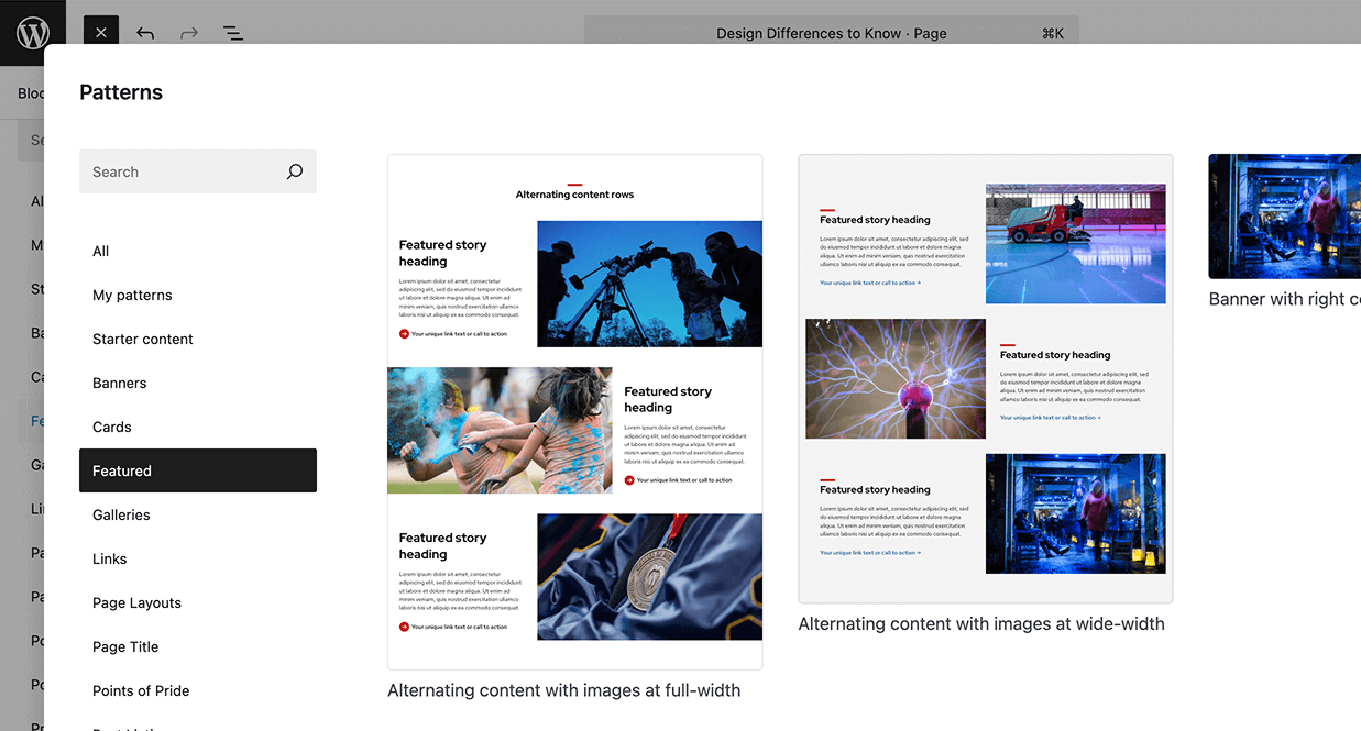Screenshot of the pattern picker in UW Theme 2.0 showing several Featured patterns that create alternating content layouts, including “Alternating content rows” and “Alternating content with images at full-width.”