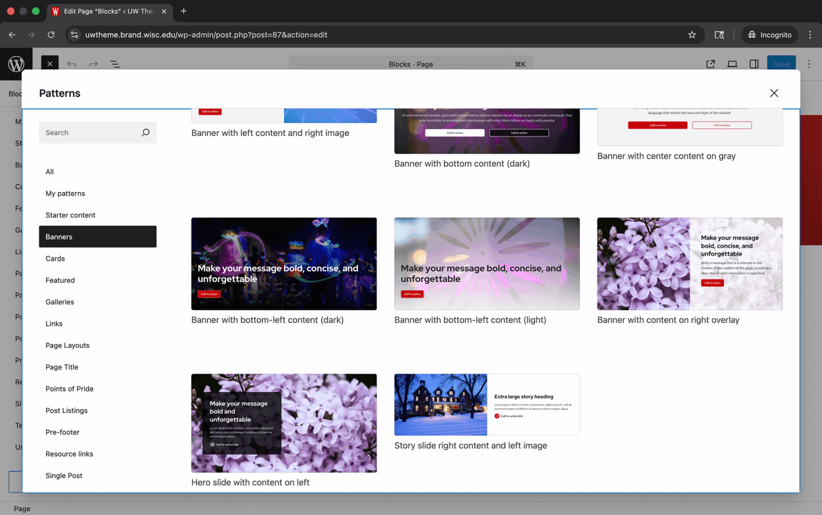 Pattern library view showing available banner patterns in UW Theme 2.0.