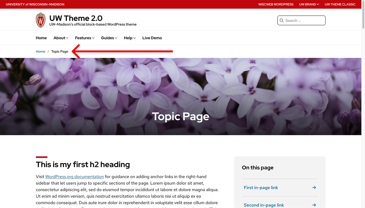 Breadcrumbs in UW Theme 2.0, displaying above the hero image and directly below the main site navigation.