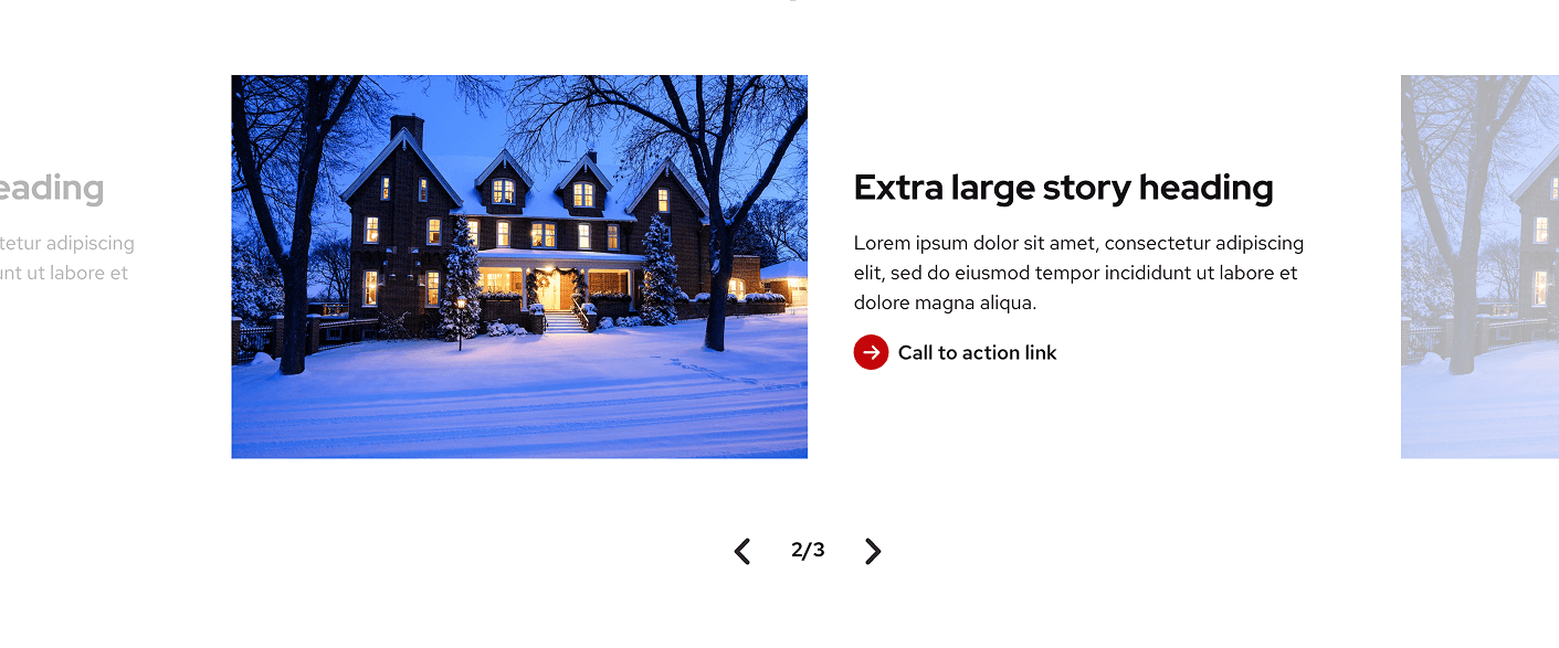 UW Story Slider block in UW Theme 2.0, showing a centered slide with an image on the left and text on the right, including a heading, description, and call-to-action link. Preview slides are visible on each side for easier navigation.