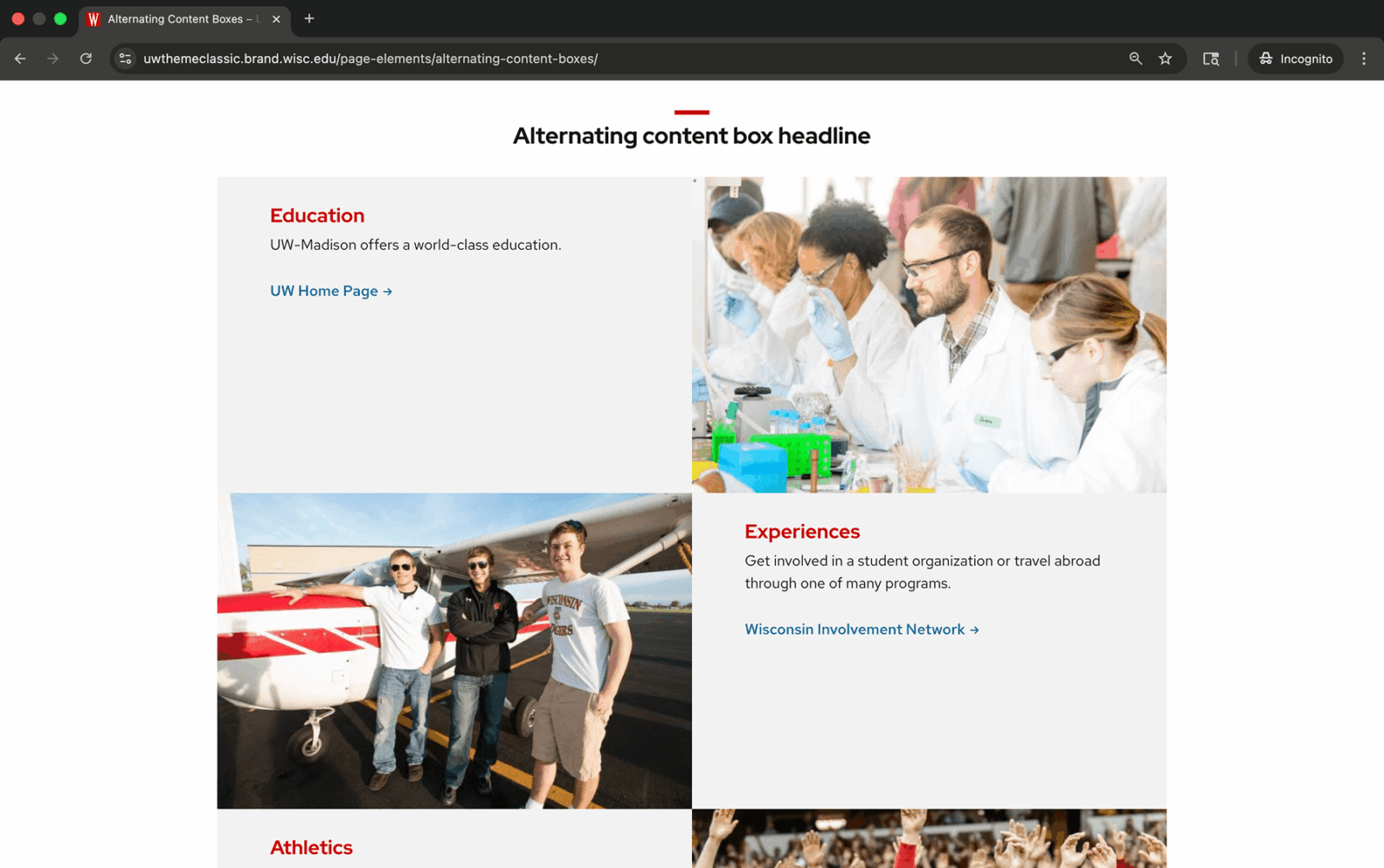 Alternating content layout in UW Theme Classic, where stacked rows appear tightly spaced with little visual separation.