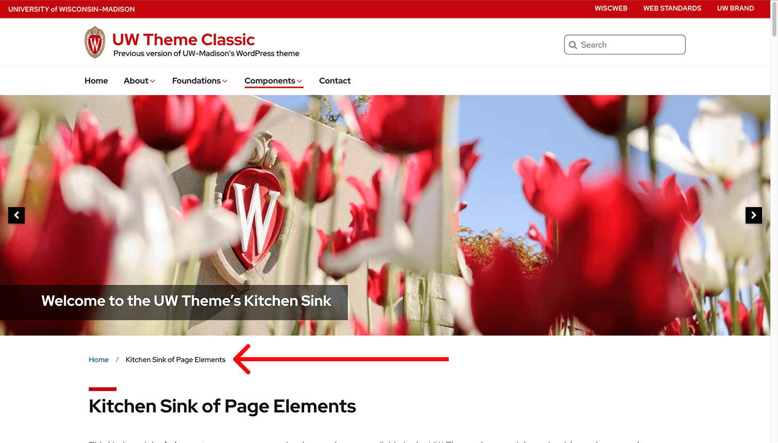 Breadcrumbs in UW Theme 2.0 displaying below the hero image on a page. 