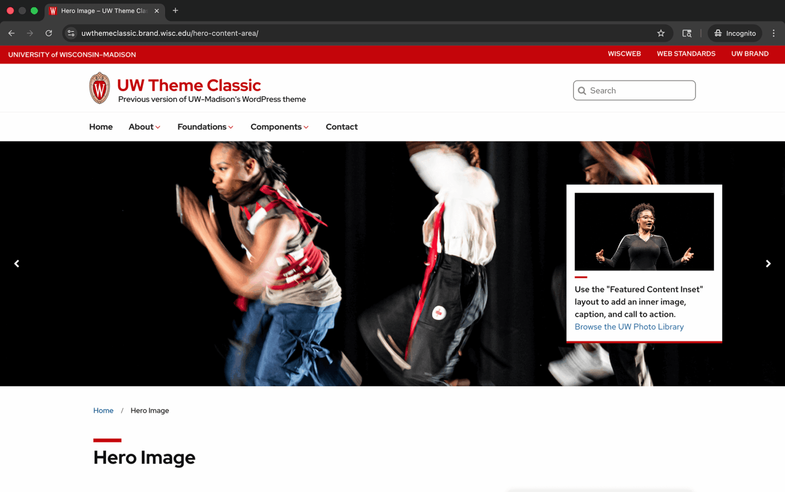 Hero carousel in UW Theme Classic, showing a single image with overlaid text and a small inset content card variation.