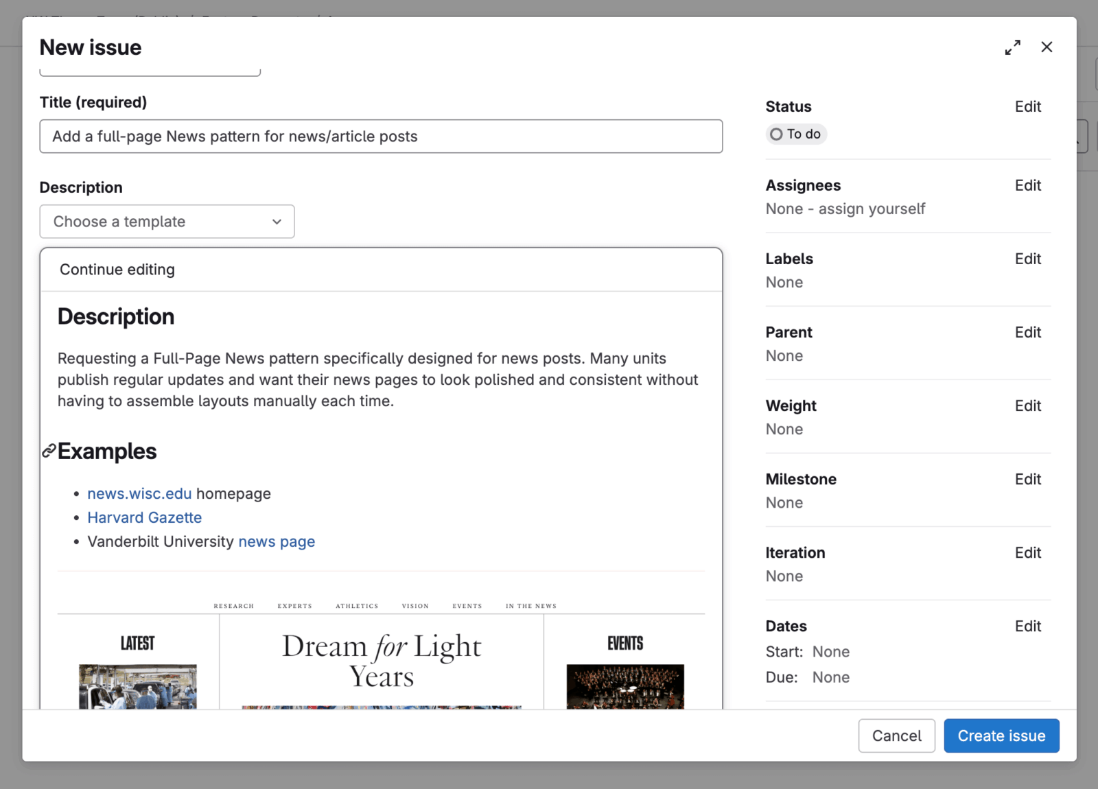 Screenshot of a GitLab ‘New issue’ form with an example request titled ‘Add a full-page News pattern for news/article posts,’ including a description and example links.