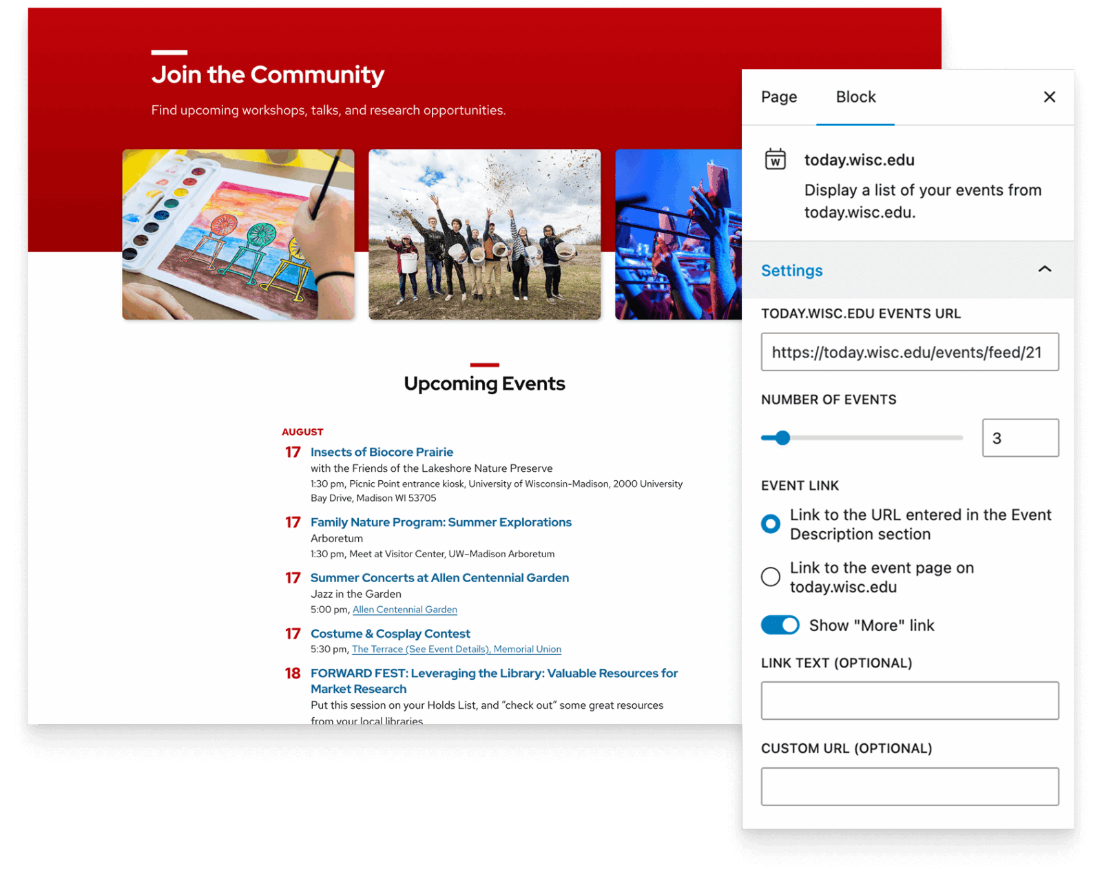 5 events from today.wisc.edu list in a one column layout overlayed with the block settings and available options.