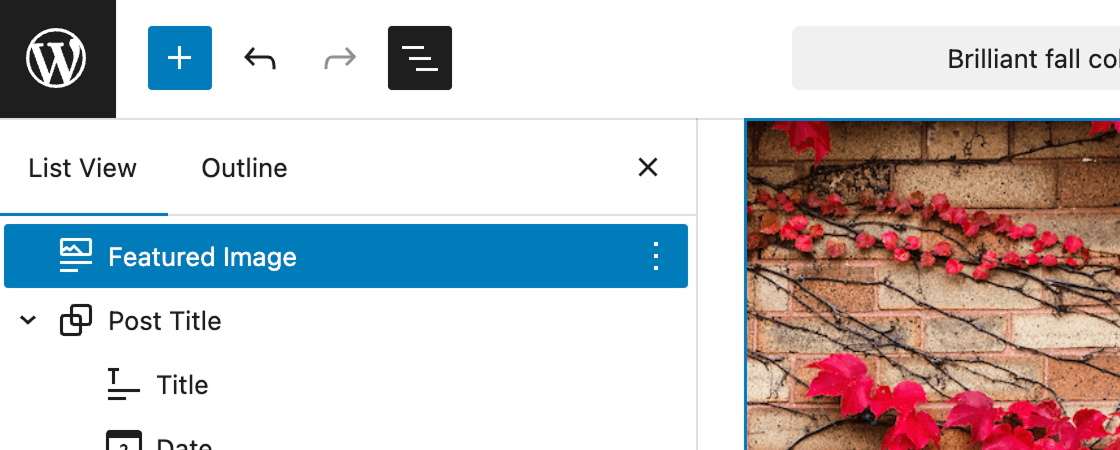 Featured Image block highlighted in the WordPress List View