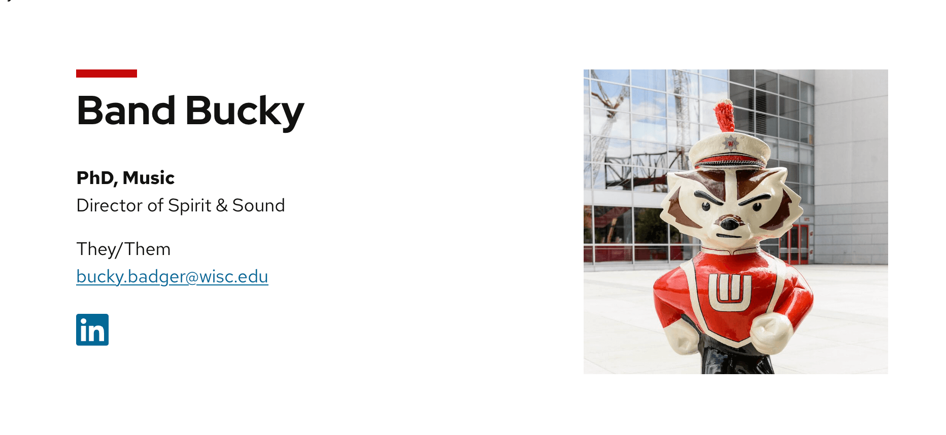 Portrait of Bucky floats to the right of their profile details in UW Theme 2.0. 