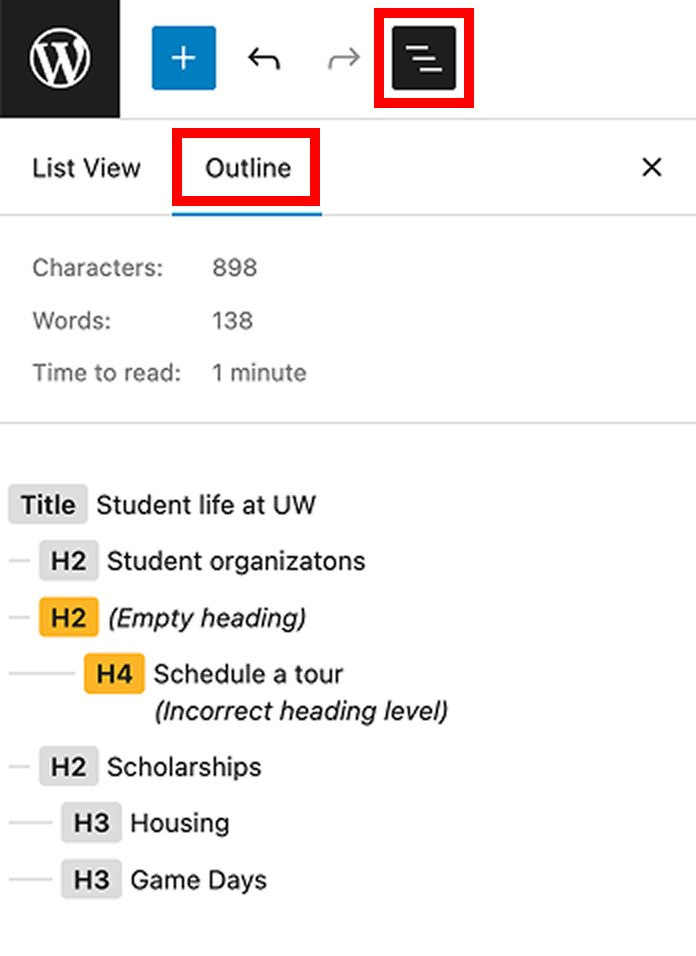 Document outline of heading structure on a page and highlights the incorrect order of h4 after an h2.