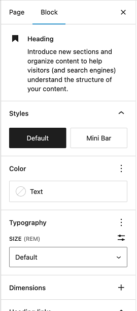 Heading block settings including styles for the minibar, text color, and additional type settings.
