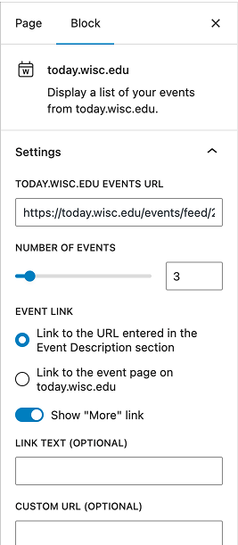 Today.wisc.edu settings including the events URL, number of events to display, and "more link" options.