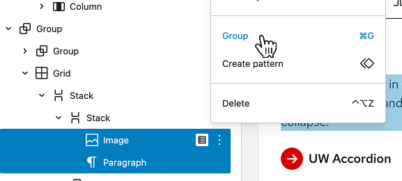 Select the Group option in List View under the three dot menu when multiple blocks are selected.