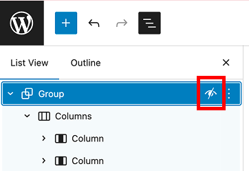 Group block in the List View with slashed eye icon indicating it's hidden from view.