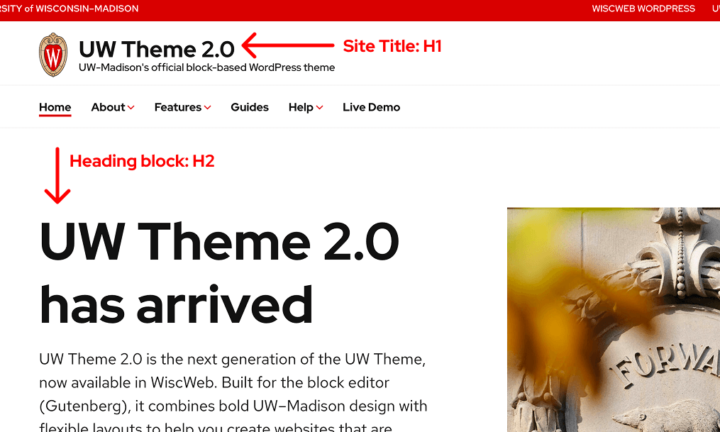 The Site Title on homepages is set to H1 automatically and all other headings on the pages should be H2 or lower. 