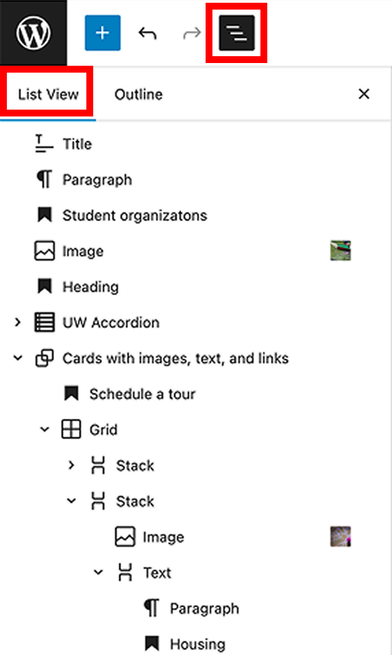 List View of blocks on the page including the Title block, paragraph, Heading, Stack, Group, and Image blocks. 