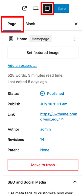 page settings sidebar showing options for editing status, page link, accessing revisions, and more.